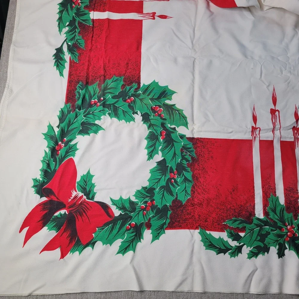 Vintage California Hand Prints Christmas Tablecloth Wreath Candle MCM 60
